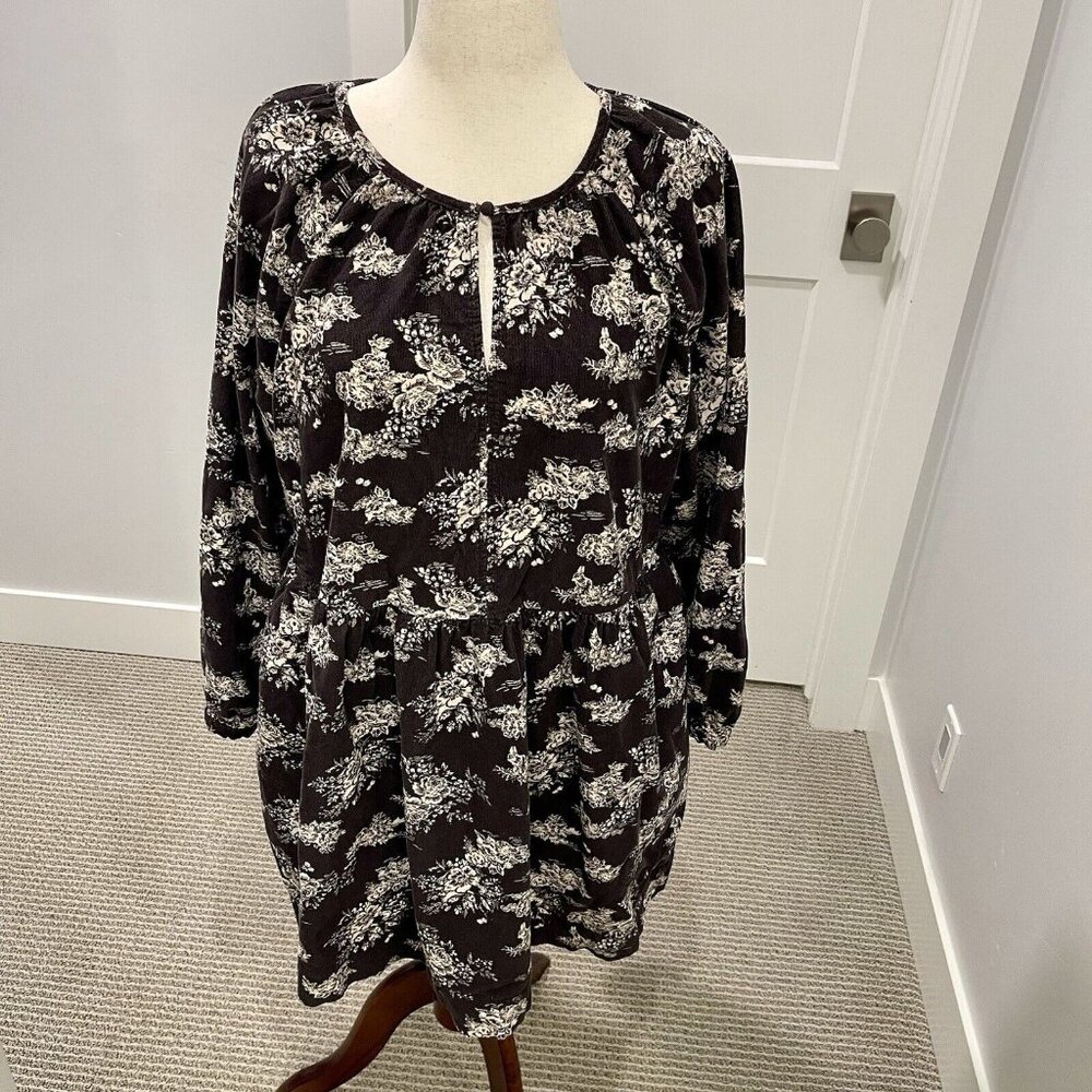 Universal Thread Corduroy Babydoll Dress Women's XXL Floral Dark Brown & White